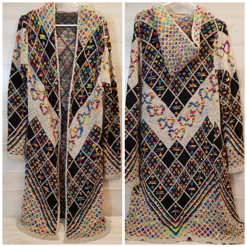 {S} Rainbow Design Open Hooded Cardigan